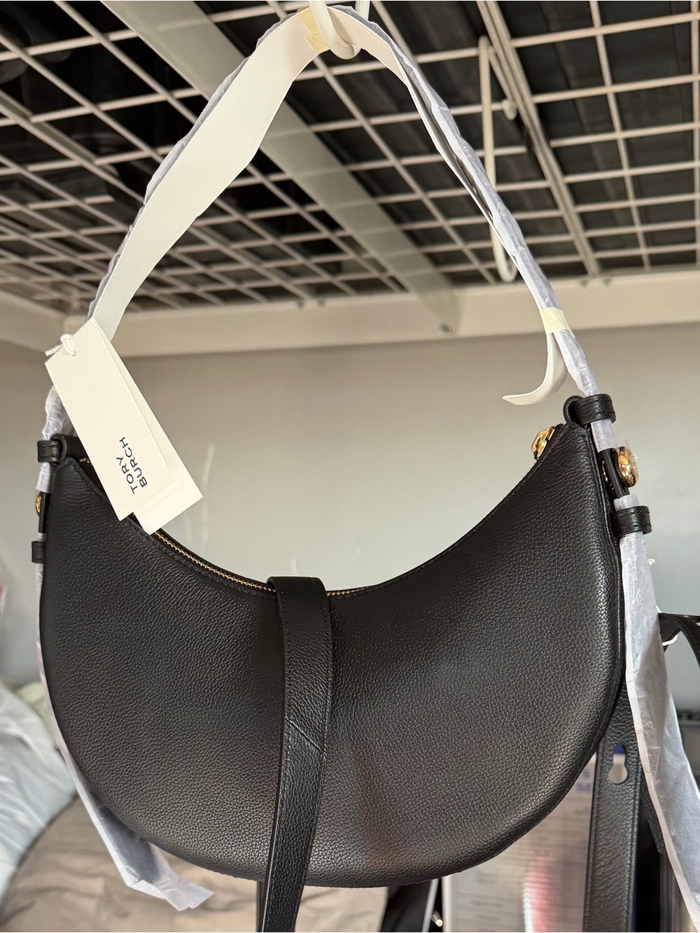 Tory Burch Black Crescent Leather Shoulder Bag with Removable Strap